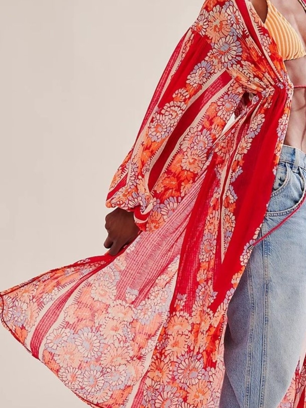 FREE PEOPLE Red Floral Sheer Duster Jacket